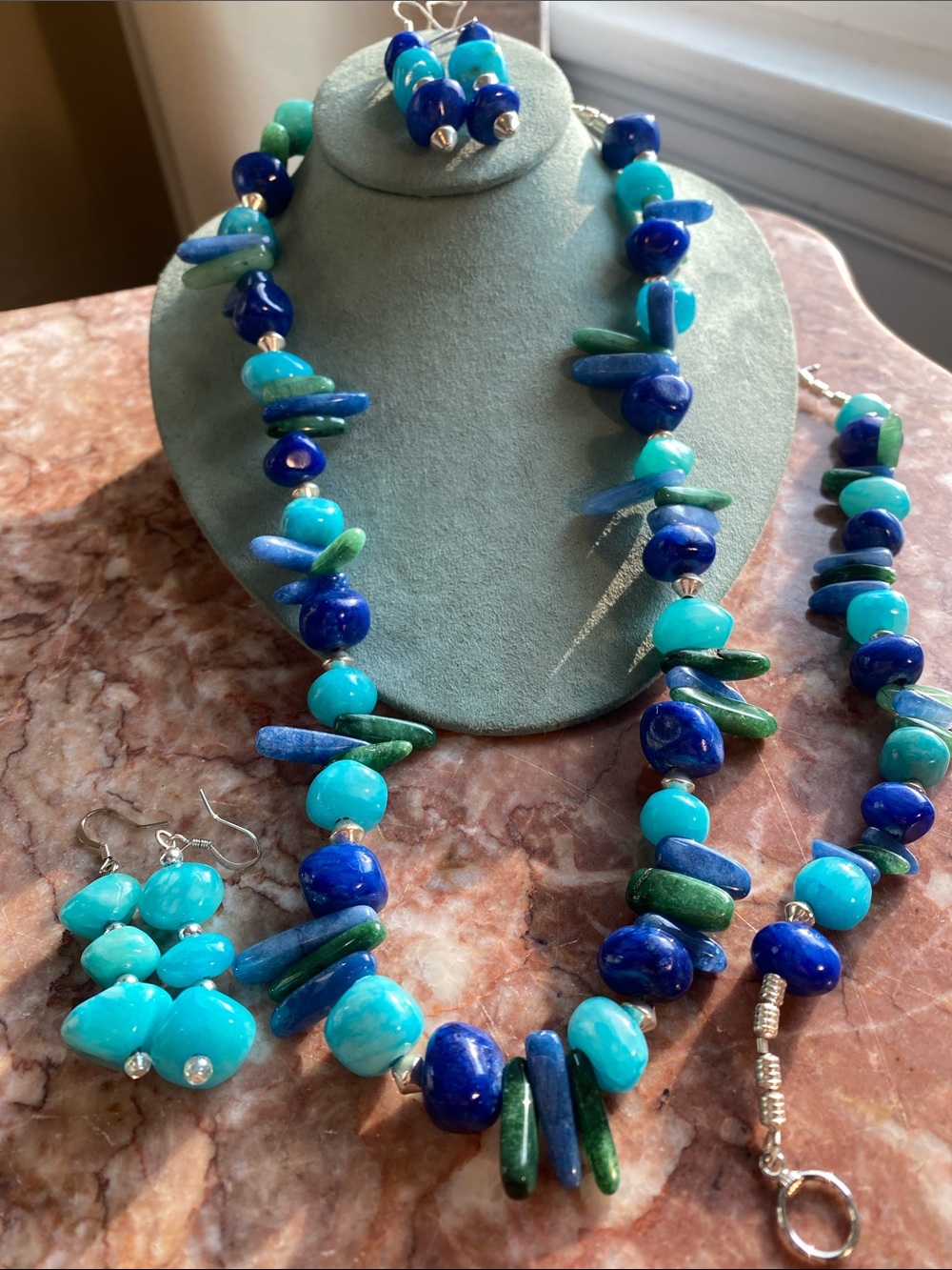 Vibrant Blue & Teal Gemstone Necklace Set with Matching Bracelet & Earrings x 2